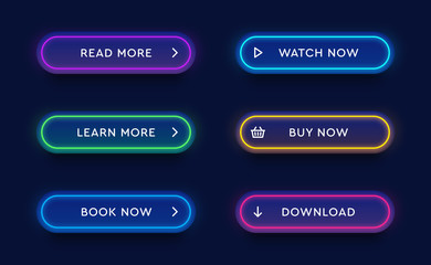 Fototapete - Set of vector modern neon glowing buttons. Different colors of tubes and icons on dark rounded forms.