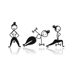 Wall Mural - Girls doing sport exercises, sketch for your design