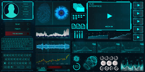 Wall Mural - HUD UI for business app. Interface elements (Identity, fingerprint and retina check, statistics and charts and elements interface in HUD style) technology elements vector collection
