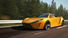 Sports Car Driving Fast Through The Forest. High Speed Automotive Concept.