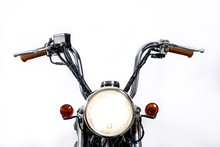 Close Up Of Headlight On Vintage Motorcycle. Custom Chopper / Scrambler Motocross. Retro Motorbike On White Background. Blank Copy Space For Text.