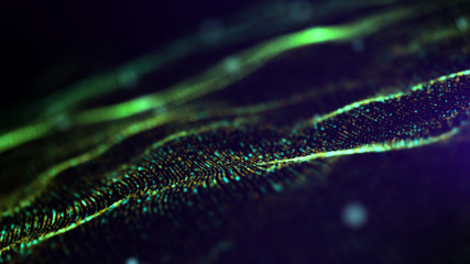 Fototapete - Futuristic Green digital abstract luxurious sparkling wave particles flow de-focus background