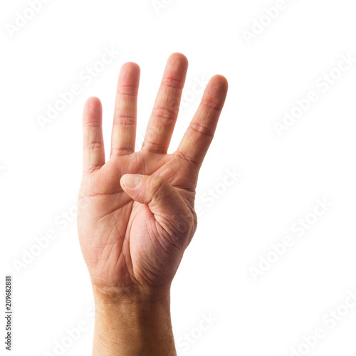 Adult male hand showing number four gesture isolated on white Poster Mural XXL