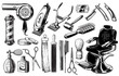 Set of vintage barbershop emblems labels badges logos scissors blade brush pole. Isolated on white background. Vector illustration