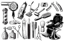 Set Of Vintage Barbershop Emblems Labels Badges Logos Scissors Blade Brush Pole. Isolated On White Background. Vector Illustration