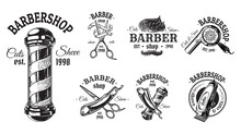 Set Of Vintage Barbershop Emblems Labels Badges Logos Scissors Blade Brush Pole. Isolated On White Background. Vector Illustration