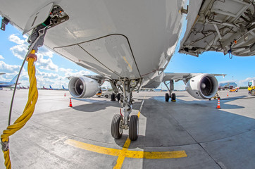 Wall Mural - View of front chassis, wing and the big engine of the aircraft in the parking lot at the airport, ground-based power cable.