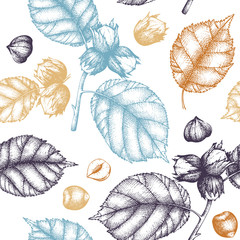 Wall Mural - Vector background with hand drawn hazelnut illustration. Vintage nut sketch. Organic food seamless pattern.