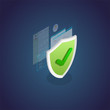 Authentication and protection concept. Isometric shield and secure private data, browser window and passwords secured with shield. Data security protection concept banner.