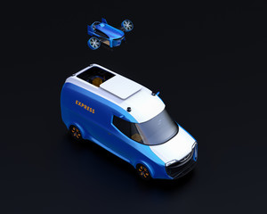 Wall Mural - Delivery drone takeoff from two-tone electric powered delivery van on black background. 3D rendering image.