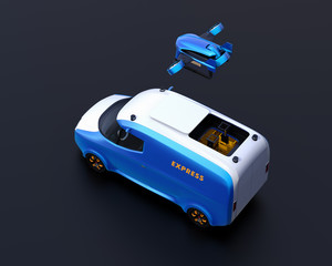 Wall Mural - Delivery drone takeoff from two-tone electric powered delivery van on black background. 3D rendering image.