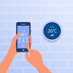 Poster - Smart thermostat set up and controlled with a smartphone. Smart house, internet of things, mobile control panel, remote access, innovation concept. Vector flat design illustration.