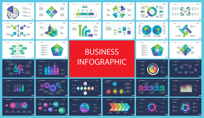 Wall Mural - Creative business infographic slide templates set can be used for annual report, web design, workflow layout. Management concept. Option, comparison, donut, area, organizational charts, flowchart