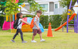 © weedezign - Two kid school children walking at playground in kindergarten preschool.back to school.