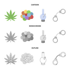 Hemp leaf, ecstasy pill, handcuffs, bong.Drug set collection icons in cartoon,outline,monochrome style vector symbol stock illustration web.