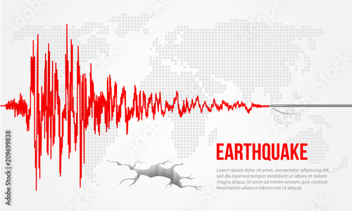 Fotomural Red earthquake curve and world map background Vector illustration design