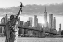 Statue Liberty And  New York City Skyline Black And White
