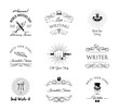 Writers labels set. World Writer Day logos. Paperweight, feather, elegant pen, writer, literary. Swirls, ornamental filigree frame, decorative design elements. Vector.