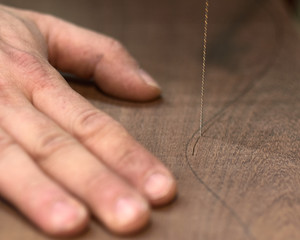 Wall Mural - The guitar master cuts Back of a future classical guitar.