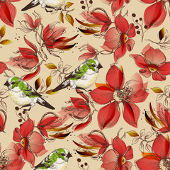 Fototapete - Red flowers seamless pattern and cute birds print