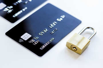 Wall Mural - Credit cards with lock close up - online shopping