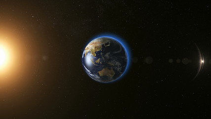Wall Mural - space view on planet earth and sun star rotating on its axis in black universe. seamless loop with d