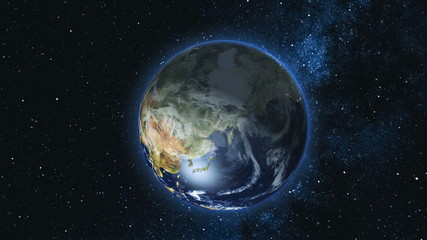 Wall Mural - realistic earth planet, rotating on its axis in space against the background of the milky way star s