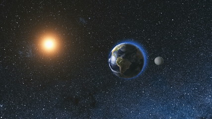 sunrise view from space on planet earth and moon rotating in space against the background of the sta