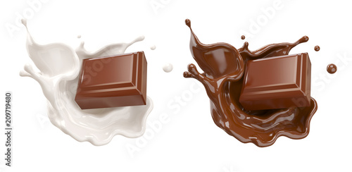 Fotografía chocolate pieces falling on chocolate sauce and Milk cream splash 3d illustration