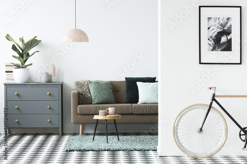 Bike Standing In White Open Space Living Room Interior With