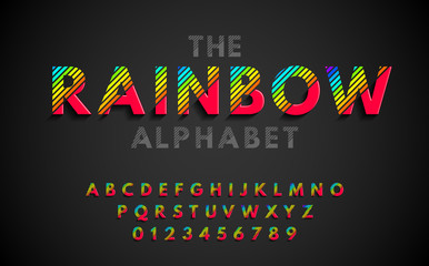 Stylish modern abstract font and alphabet with numbers. Vector colorful rainbow font from strips.