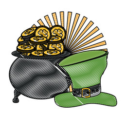 Sticker - irish top hat and pot of gold with coins over white background, vector illustration