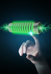 Poster - Businessman using green battery with lightnings 3D rendering