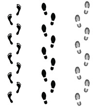 Set Symbols Footprints Humans. Human Foots Trails. Black Signs Isolated On White Background. Vector Illustration