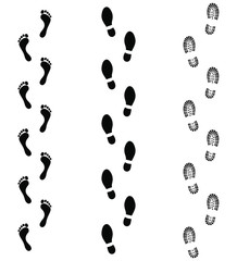 Set symbols footprints humans. Human foots trails. Black signs isolated on white background. Vector illustration