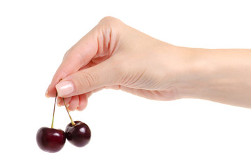 Canvas Print - Cherries in hands on white background isolation