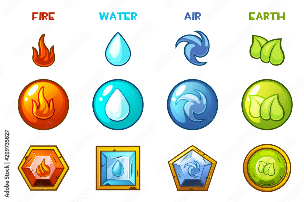 Cartoon four natural elements icons - Earth, Water, Fire and Air
