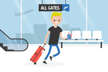 Young Late Passenger Running Through The Airport Terminal, Holding The Luggage, Documents And Boarding Pass. Travel. Flight. Tourist. Concept. Flat Editable Vector Illustration, Clip Art