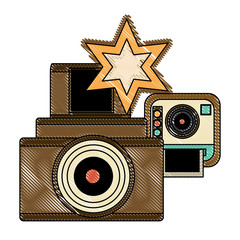 Sticker - retro camera and instant camera over white background, vector illustration