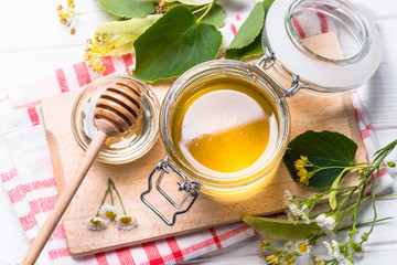 Wall Mural - Honey  in a jar with dipper on white