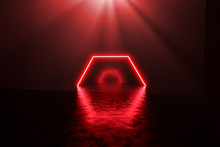 3d Rendering Of Red Lighten Hexagon On Grunge Background With Light Rays