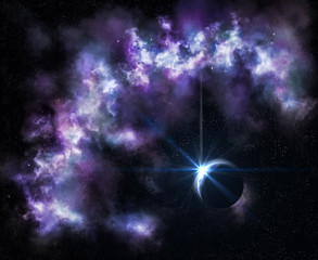 Wall Mural - space landscape, the sunrise of the star above the planet, the nebula and the planet,
3D rendering
