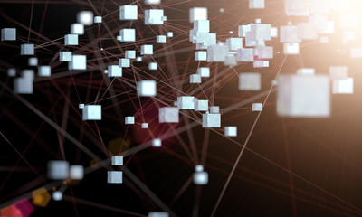 Concepto de redes de datos y sistema de redes.Ingenieria de programacion e internet.Estructura de cubos y lineas de conexion sobre fondo negro