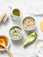 Wall Mural - ingredients for moisturizing, nourishing, anti-aging wrinkle face mask - avocado, olive oil, oatmeal