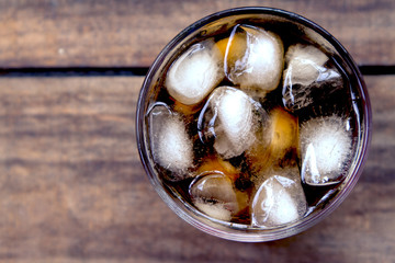 Wall Mural - Topview a glass of cola with ice on the table.