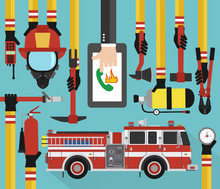 Fire Fighting Infographic Concept Flat Online Call With Fire Engine.Vector Illustration
