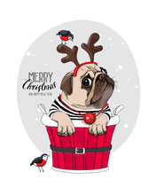 Christmas Card. Pug Dog In A Santa's Deer Mask And With A Funny Red Nose Inside Of A Bucket. Vector Illustration.