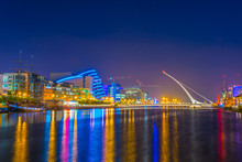 Night View Of The Convention Center Dublin And Samuel Beckett Bridge, Ireland