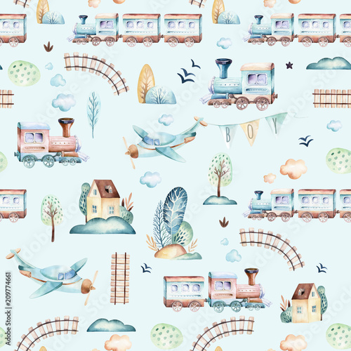 Fototapeta do kuchni Wzór pattern z pociągami i samolotami - dla dzieci