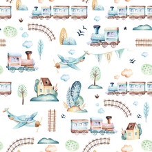 Baby Boys World. Cartoon Airplane, Plane And Waggon Locomotive Watercolor Illustration Pattern. Child Toys Birthday Backgraund Transport Elements Seamless Patterns